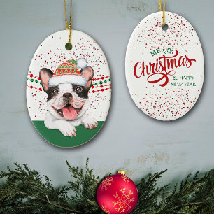 French Bulldog Weihnachtsmannmütze Red Confetti Keramik Ornament