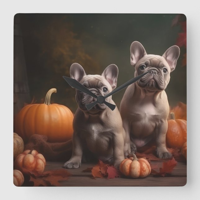 French Bulldog Welpe Autumn Delight Pumpen Quadratische Wanduhr (Vorderseite)