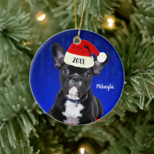 French Bulldog Welpe mit Weihnachtsmannmütze Weihn Keramik Ornament