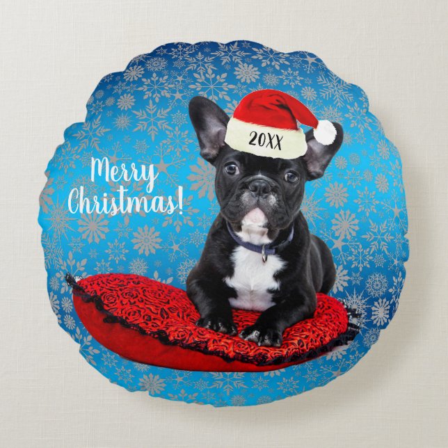 French Bulldog Welpe mit Weihnachtsmannmütze Weihn Rundes Kissen (Vorderseite)
