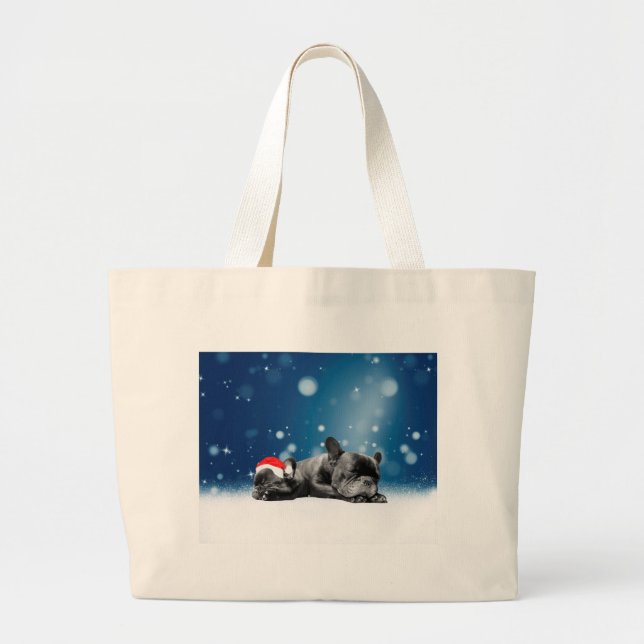 French Bulldog Welppies - Schneefreude-Weihnachtsm Jumbo Stoffbeutel (Vorne)