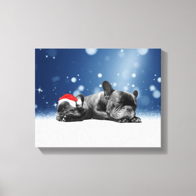 French Bulldog Welppies - Schneefreude-Weihnachtsm Leinwanddruck (Vorderseite)