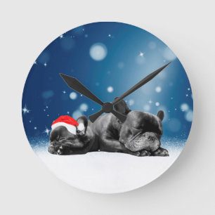French Bulldog Welppies - Schneefreude-Weihnachtsm Runde Wanduhr