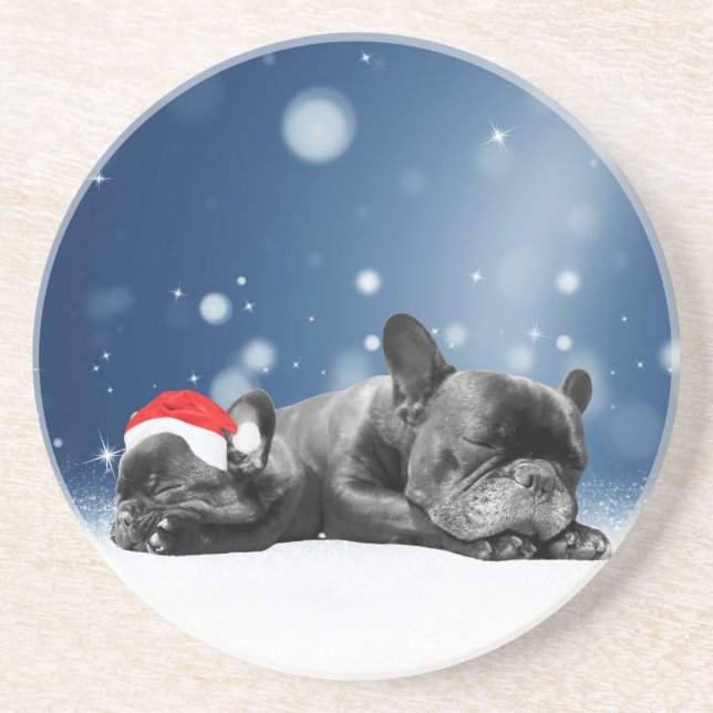 French Bulldog Welppies - Schneefreude-Weihnachtsm Untersetzer (Vorne)
