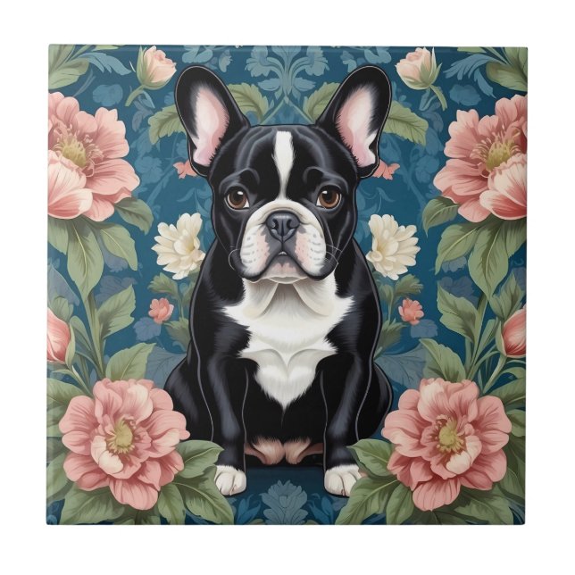 French Bulldog William Morris Inspirierte Floral Fliese (Vorderseite)