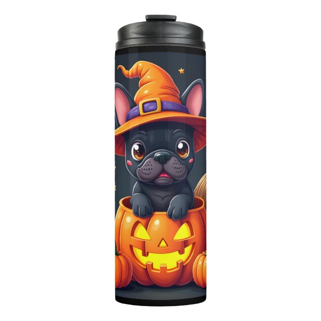 French Bulldog Witch Pumpkin Halloween Mens Womens Thermosbecher (Vorderseite)