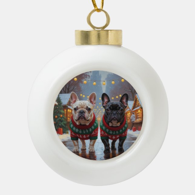French Bulldogs Christmas Snow Holiday Keramik Kugel-Ornament (Vorderseite)