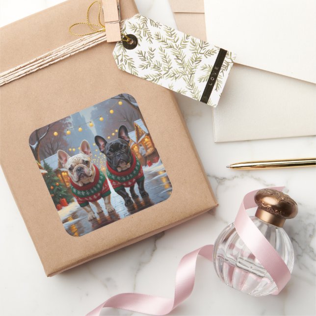 French Bulldogs Christmas Snow Holiday Quadratischer Aufkleber (Schenken)