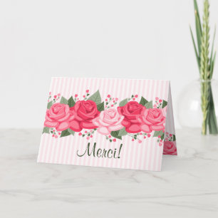 French Chic Pink Roses and Stripes Note Card Dankeskarte