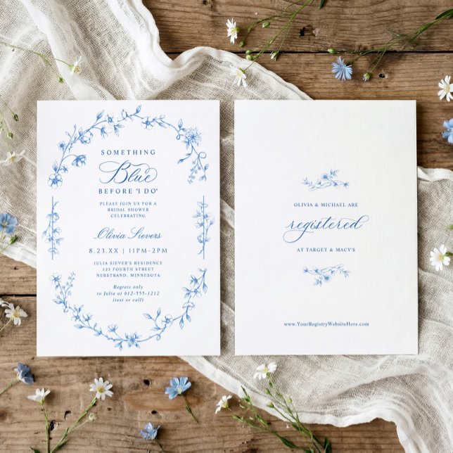 French Chinoiserie Something Blue Bridal Shower Einladung (Something blue before I do bridal shower invitation with blue French wildflower toile design)