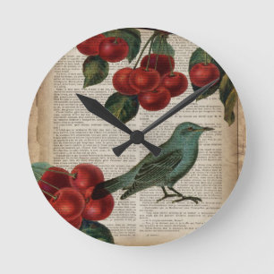 french country bird retro botanical red cherry runde wanduhr