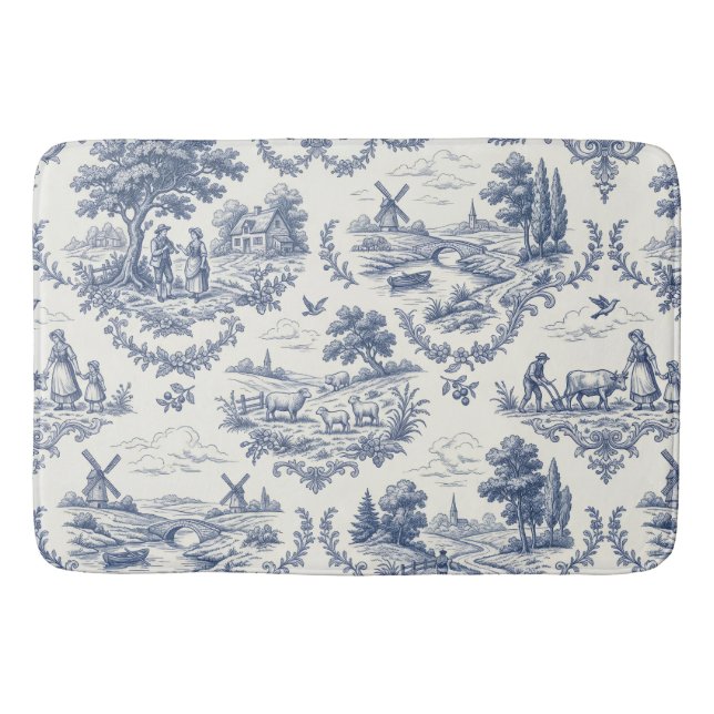 French Country - Blue & Cream Toile Countryside Badematte (Vorderseite)