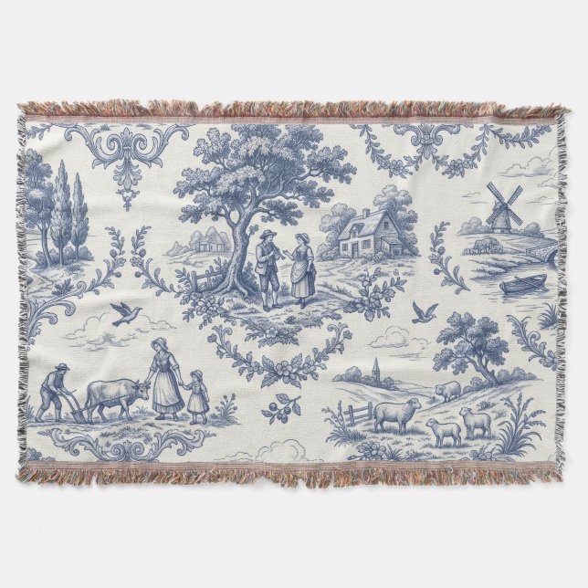 French Country - Blue & Cream Toile Countryside Decke (Vorderseite)