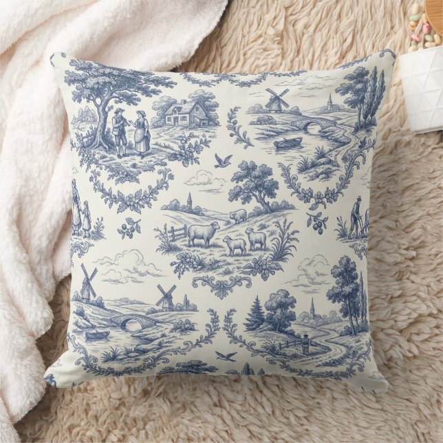 French Country - Blue & Cream Toile Countryside Kissen (Decke)