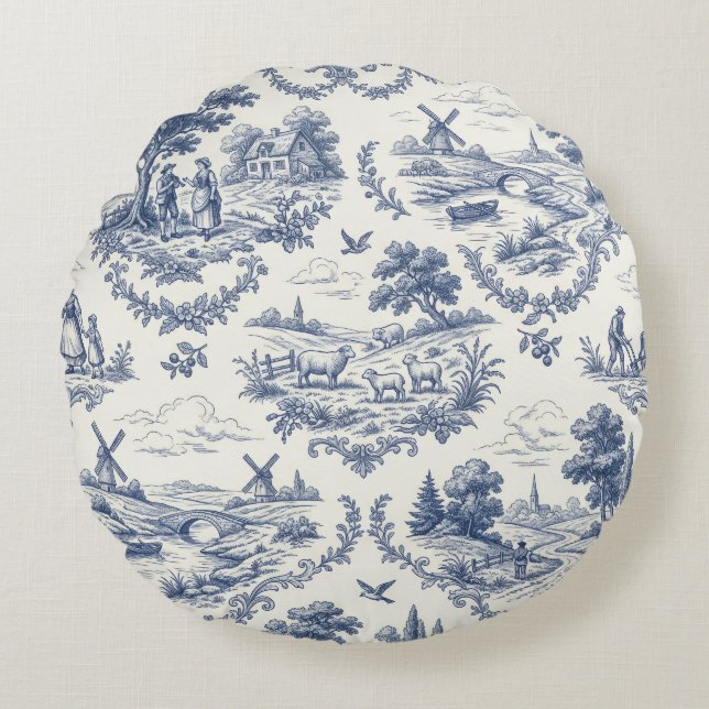 French Country - Blue & Cream Toile Countryside Rundes Kissen (Vorderseite)