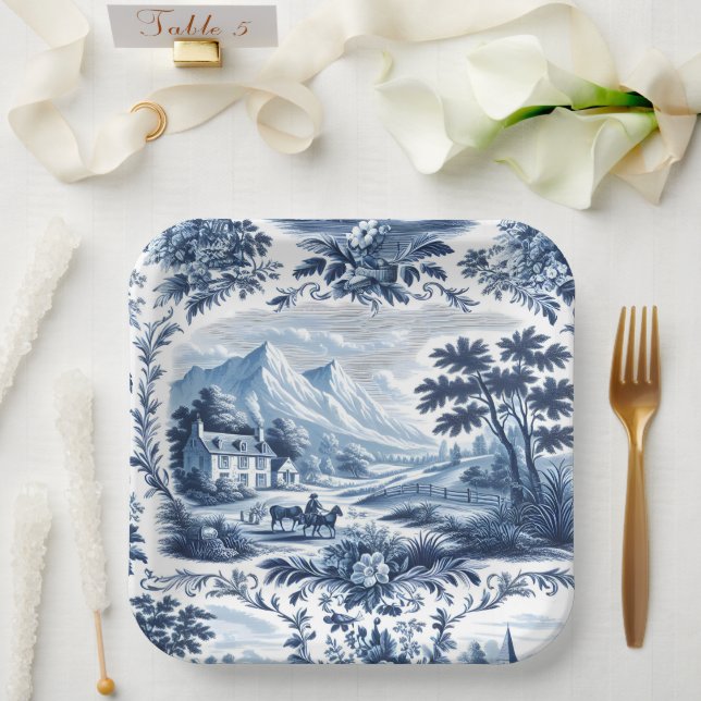 French Country Blue Toile Pappteller (Hochzeit)
