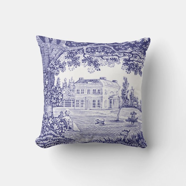 French Country Blue Toile Pillow - Garden Scene Kissen (Vorderseite)