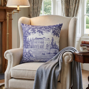 French Country Blue Toile Pillow - Garden Scene Kissen