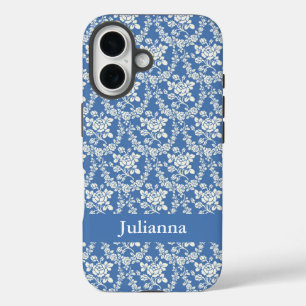 French Country Farm Blue Floral Personalisiert iPhone 16 Hülle