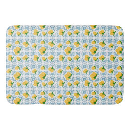 French Country Lemon Blue Floral Tile Pattern Badematte