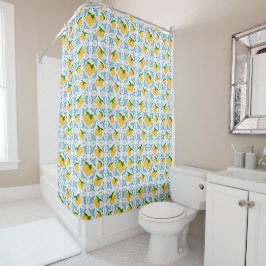 French Country Lemon Blue Floral Tile Pattern Duschvorhang
