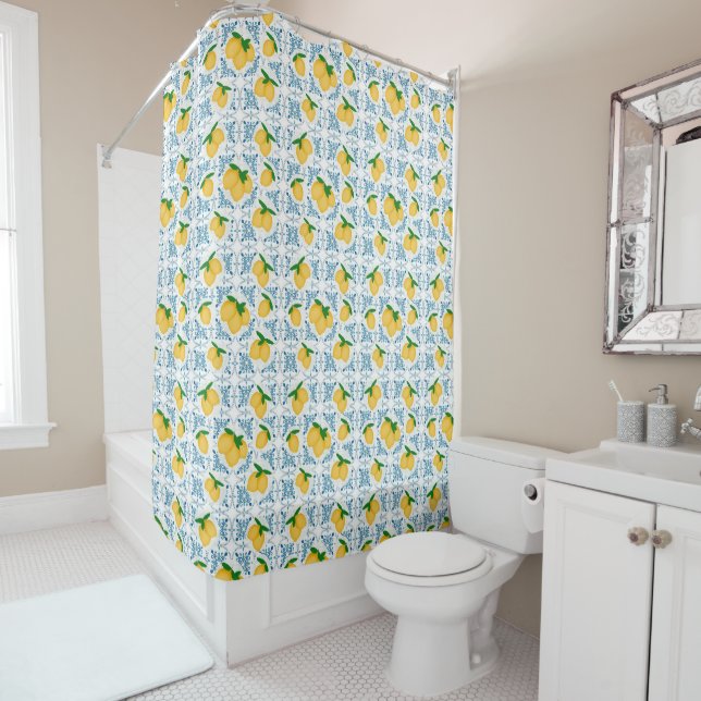 French Country Lemon Blue Floral Tile Pattern Duschvorhang (Beispiel)