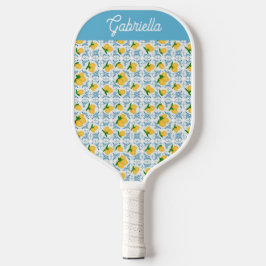 French Country Lemon Blue Tile Monogram Pickleball Schläger
