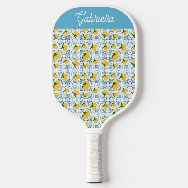 French Country Lemon Blue Tile Monogram Pickleball Schläger (Vorderseite)