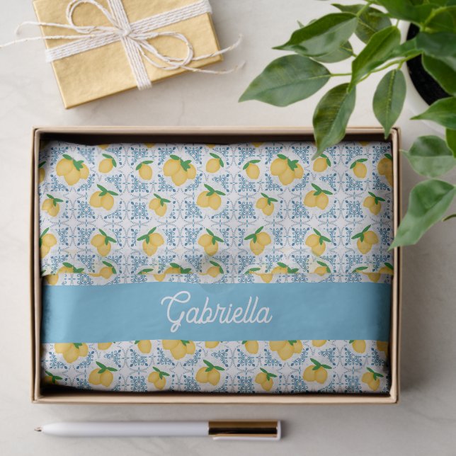 French Country Lemon Blue Tile Monogram Seidenpapier (Geschenk)