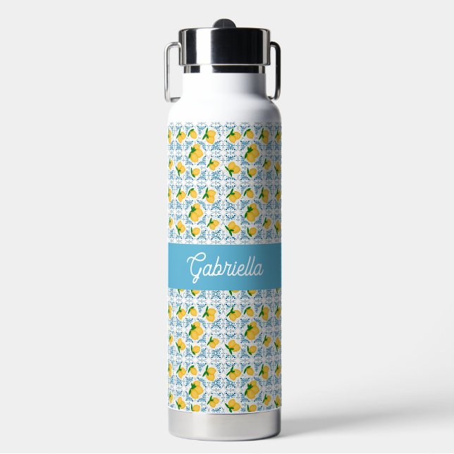 French Country Lemon Blue Tile Monogram Trinkflasche (Vorderseite)