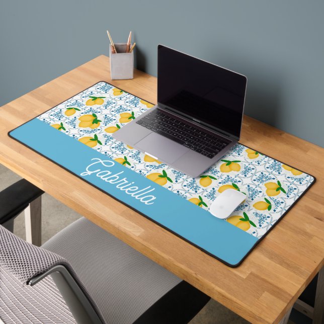 French Country Lemon Blue Tile Pattern Schreibtischunterlage (Büro 2)