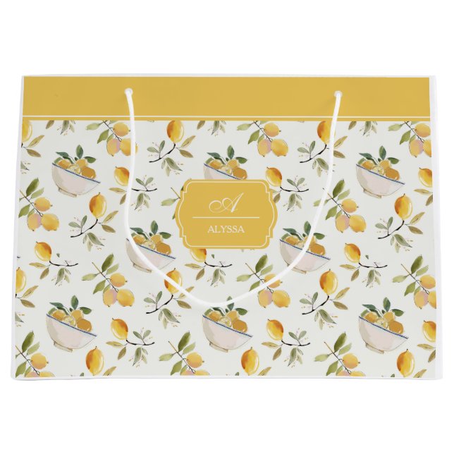 French Country Lemon Pattern Monogram Gift Bag Große Geschenktüte (Vorderseite)