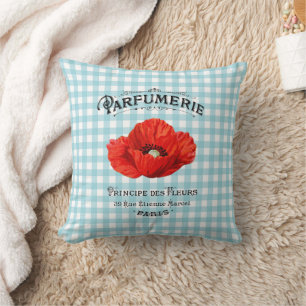 French Country Parfüm Red Poppy Aquamarin Checkere Kissen