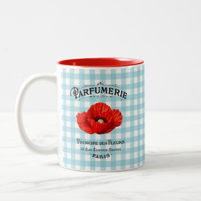 French Country Parfüm Red Poppy Aquamarin Checkere Zweifarbige Tasse (Links)