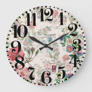 French Ephemera Rose Floral Big Number Wall Clock Große Wanduhr
