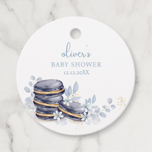 French Floral Bonjour Bébé Macaron Babydusche Geschenkanhänger (Vorderseite)