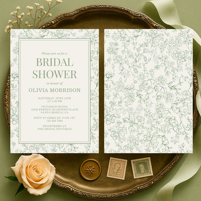 French Floral Sage Green Ivory Bridal Shower Einladung (Von Creator hochgeladen)