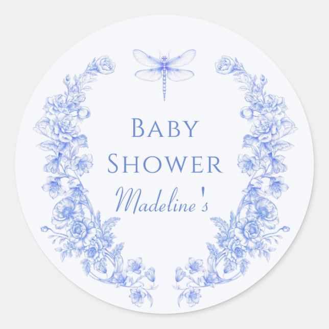 French Floral Something Blue Dragonfly Babydusche Runder Aufkleber (Vorderseite)