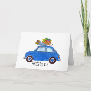 French Get well Blue Retro Fiat 500 Karte
