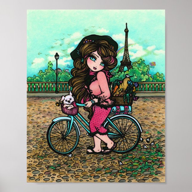 French Girl & Niedlich Puppy Paris Eiffel Tower Po Poster (Vorne)