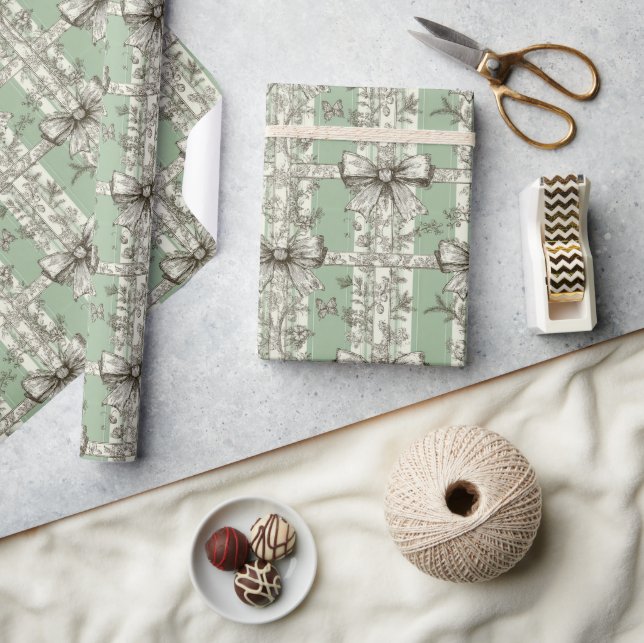 French Green Christmas Toile Bow Patterned Geschenkpapier (Kunsthandwerk)