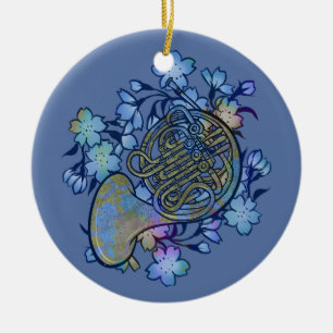 French Horn Blaue Blumen Band Klasse Keramik Ornament