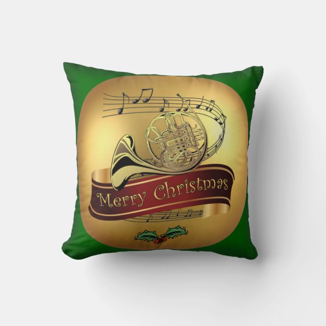 French Horn ~ Frohe Weihnachten & Musical Scroll ~ Kissen (Vorderseite)