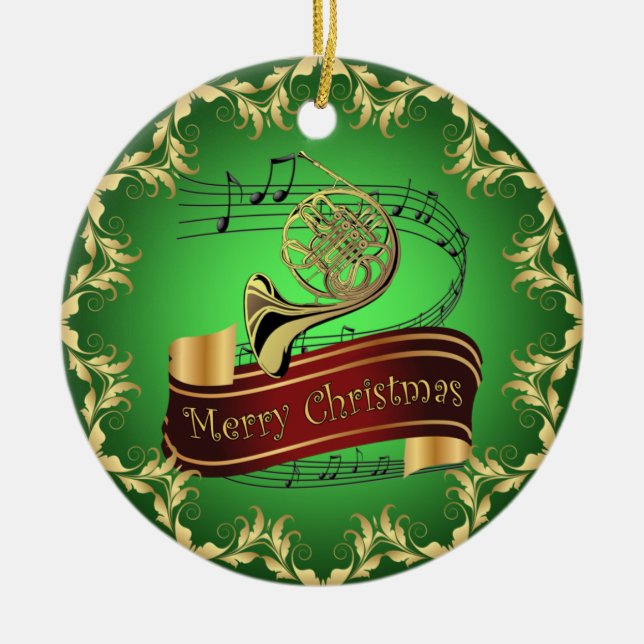 French Horn ~ Musical Scroll ~ Frohe Weihnachten ~ Keramik Ornament (Vorne)