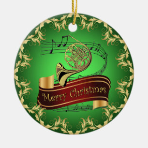 French Horn ~ Musical Scroll ~ Merry Christmas ~  Keramik Ornament