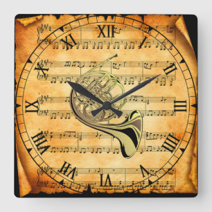 French Horn ~ Vintage Sheet Music Background ~ Quadratische Wanduhr