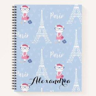 French Kitty Cat in Paris Blue Pattern Notizbuch
