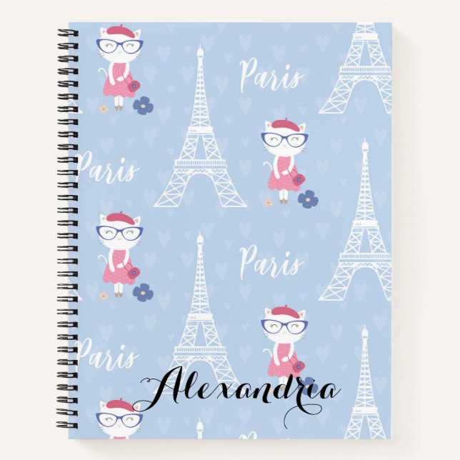 French Kitty Cat in Paris Blue Pattern Notizbuch (Vorderseite)