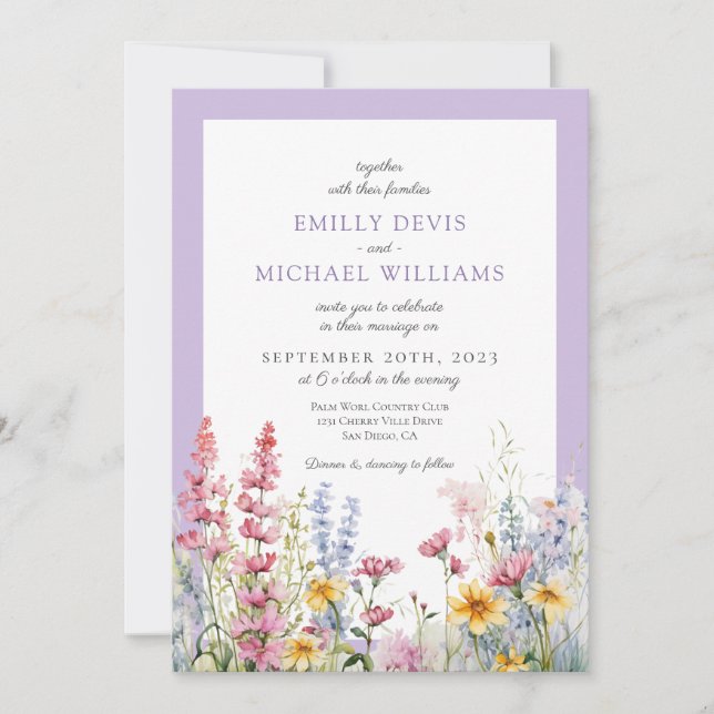 French Lilac Wildblume Wedding Einladung (Vorderseite)