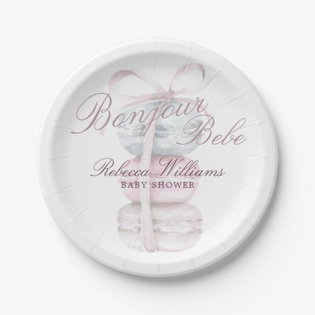 French Macaron Bonjour Bebe Baby Dusche Pappteller (Vorderseite)